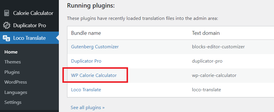WP Calorie Calculator in Loco Translate