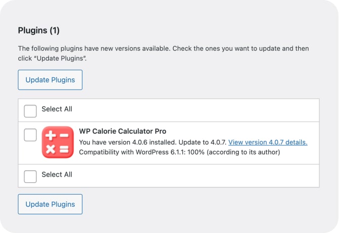 One-click update - wp calorie calculator