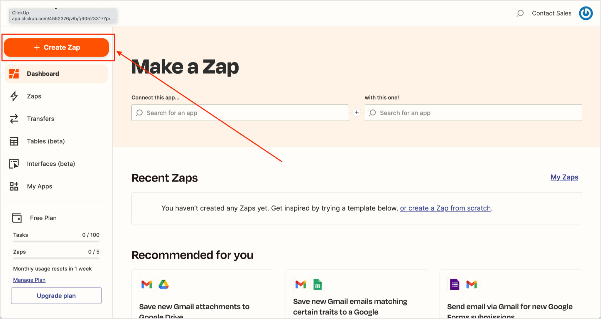 log in to your zapier account and click create zap