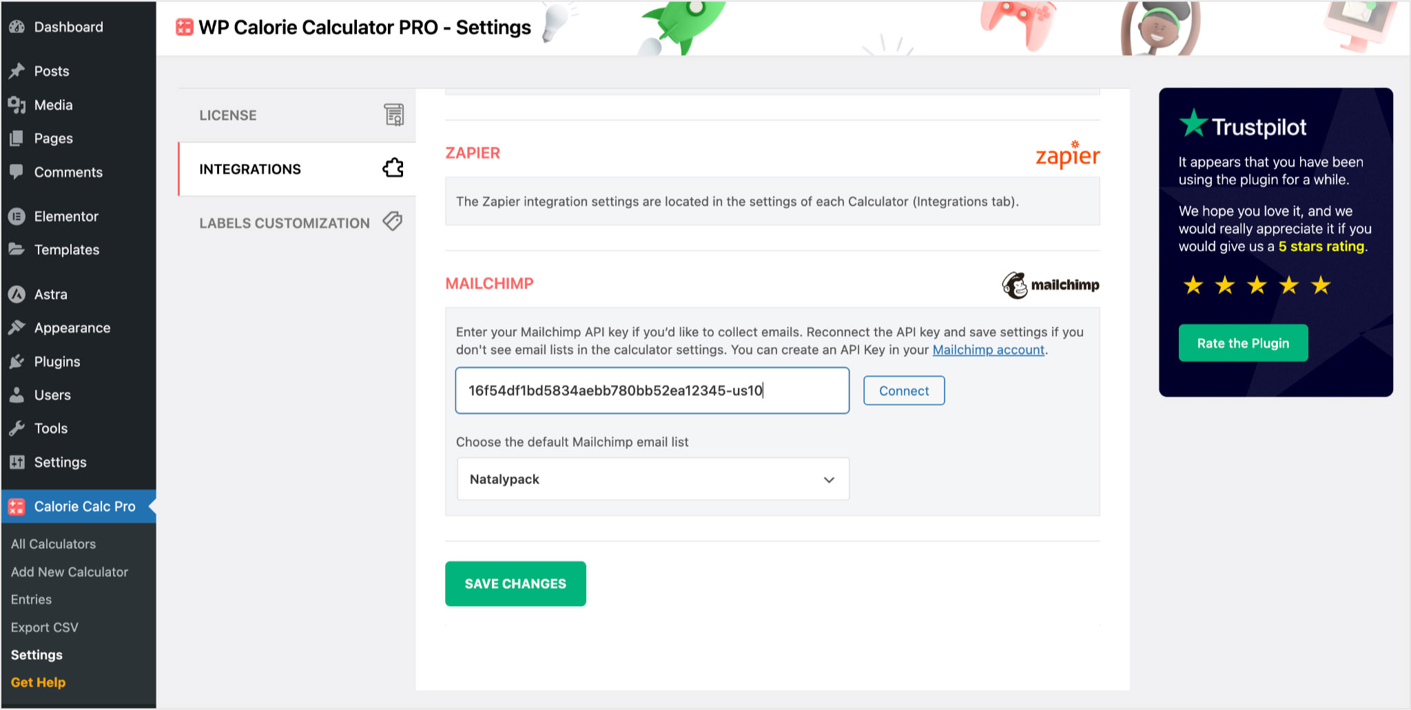 then go to wp calorie calculator plugin general settings, paste the saved api  key into mailchimp settings and click connect