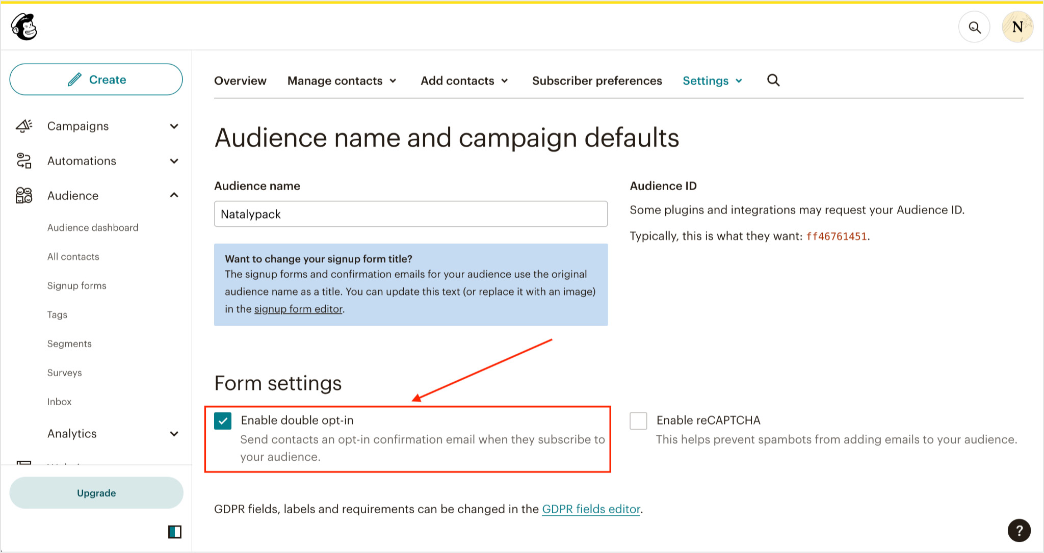 go to the mailchimp account audience settings and check the enable double opt-in checkbox there as well