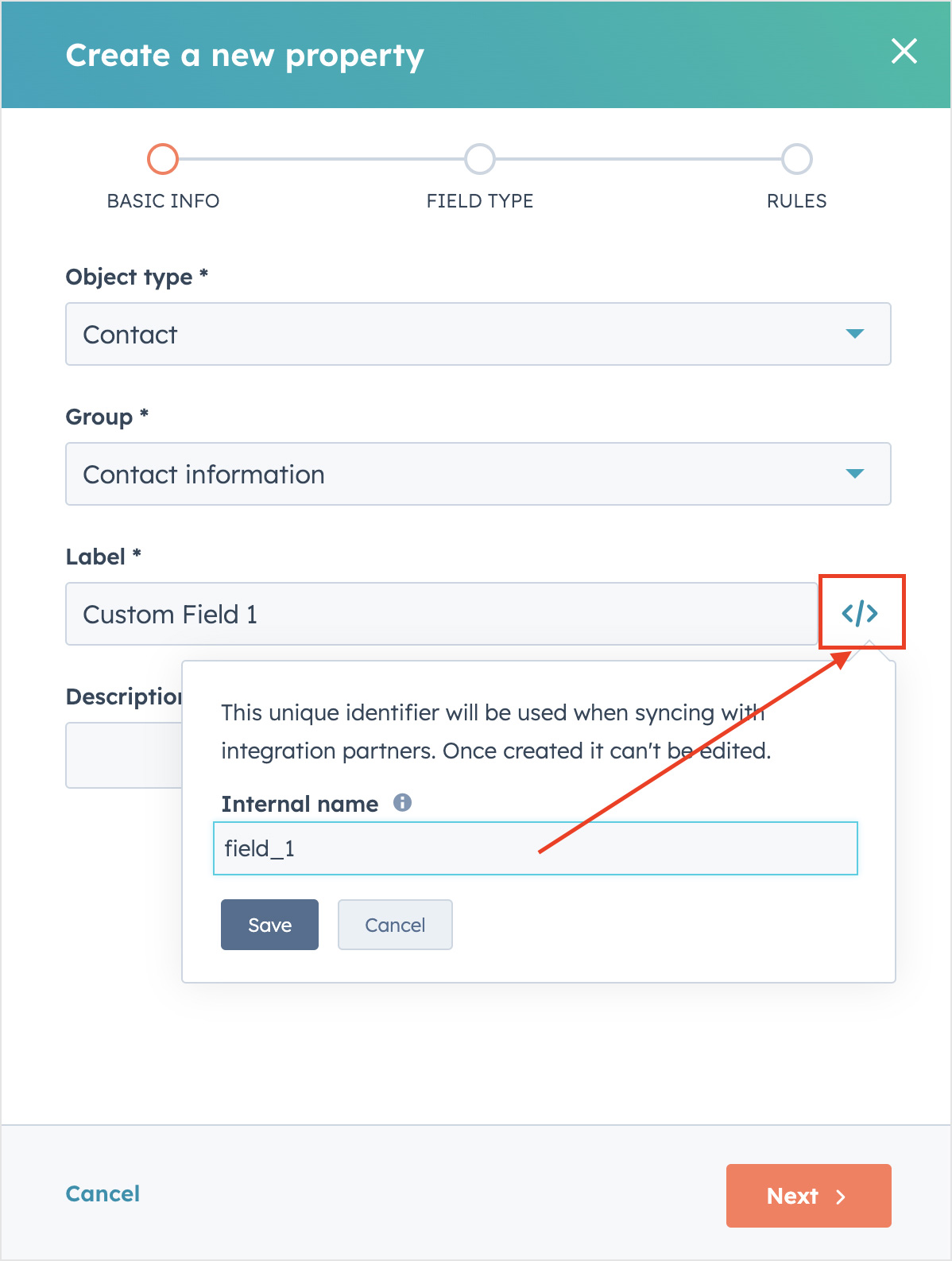 Select property type - Contact, group - Contact Information, fill in the field name, click on the icon to the right of the field name and enter the UID exactly as it is specified in the Hubspot integration settings.