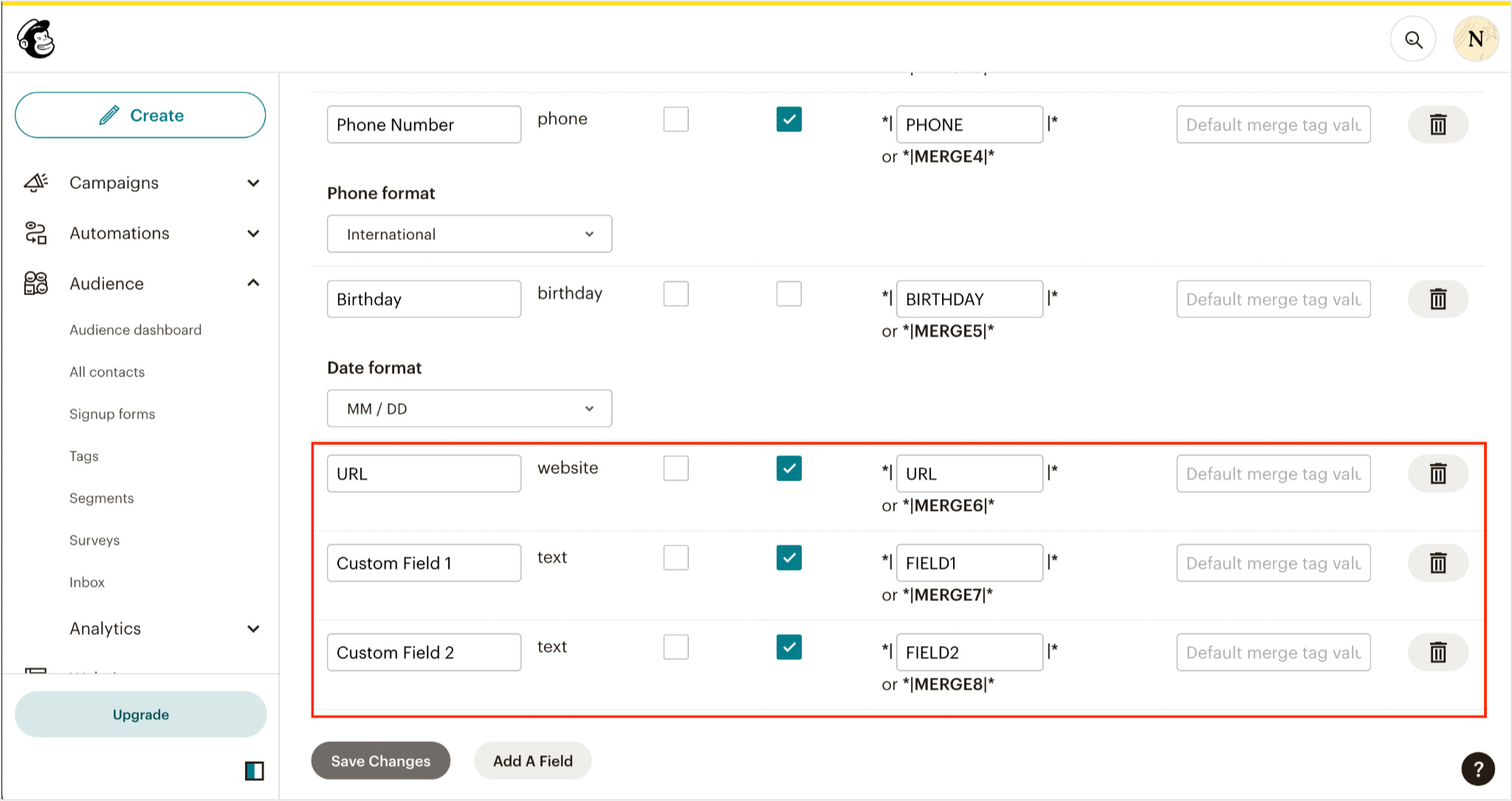 click add a field at the bottom of the list of fields and add the fields you want to send to mailchimp