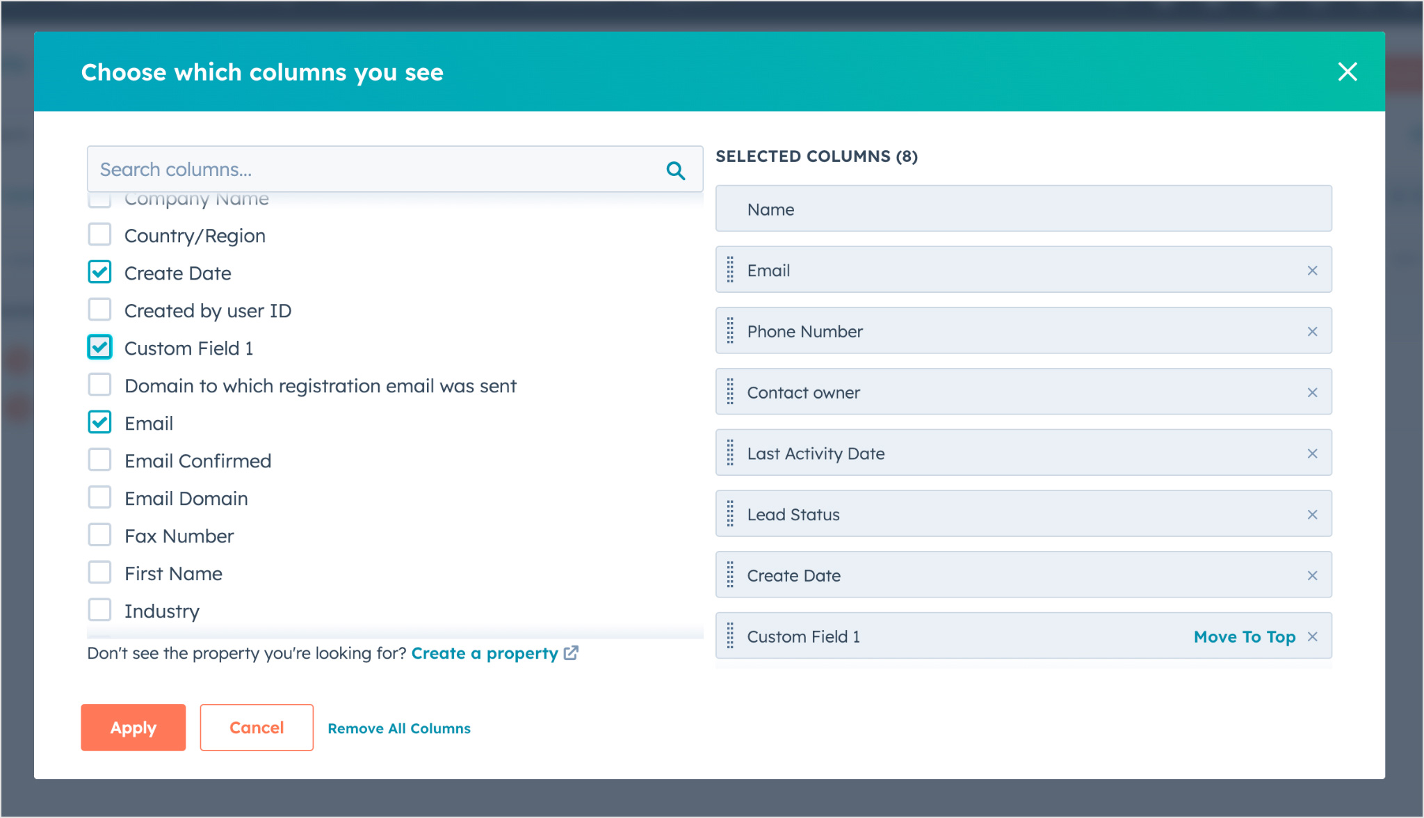 Go back to Contacts and click the Edit Columns button in the Contacts table again. Custom Field 1 is now available to display in the table. Enable it and configure the fields to display.