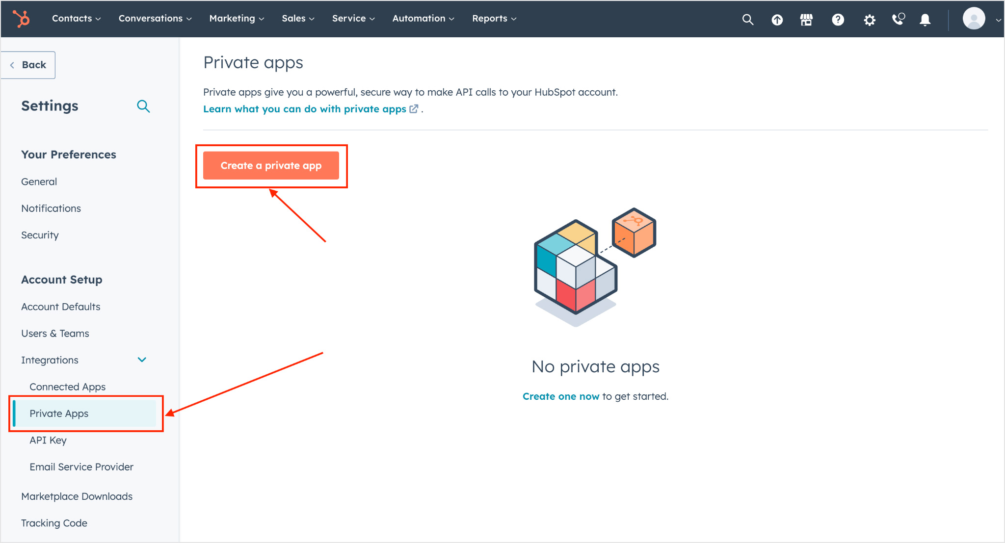 Go to Integrations private apps and click create a private app