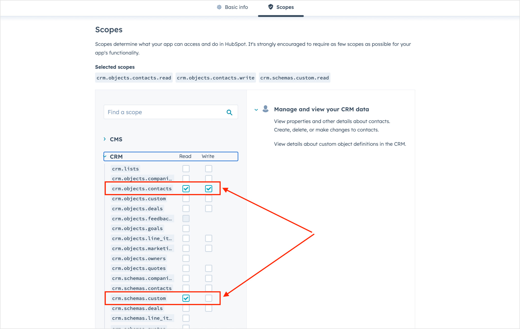 Enable permissions for crm.objects.contacts.read, crm.objects.contacts.write, crm.schemas.custom.read scopes. Click the create app button in the upper right corner.