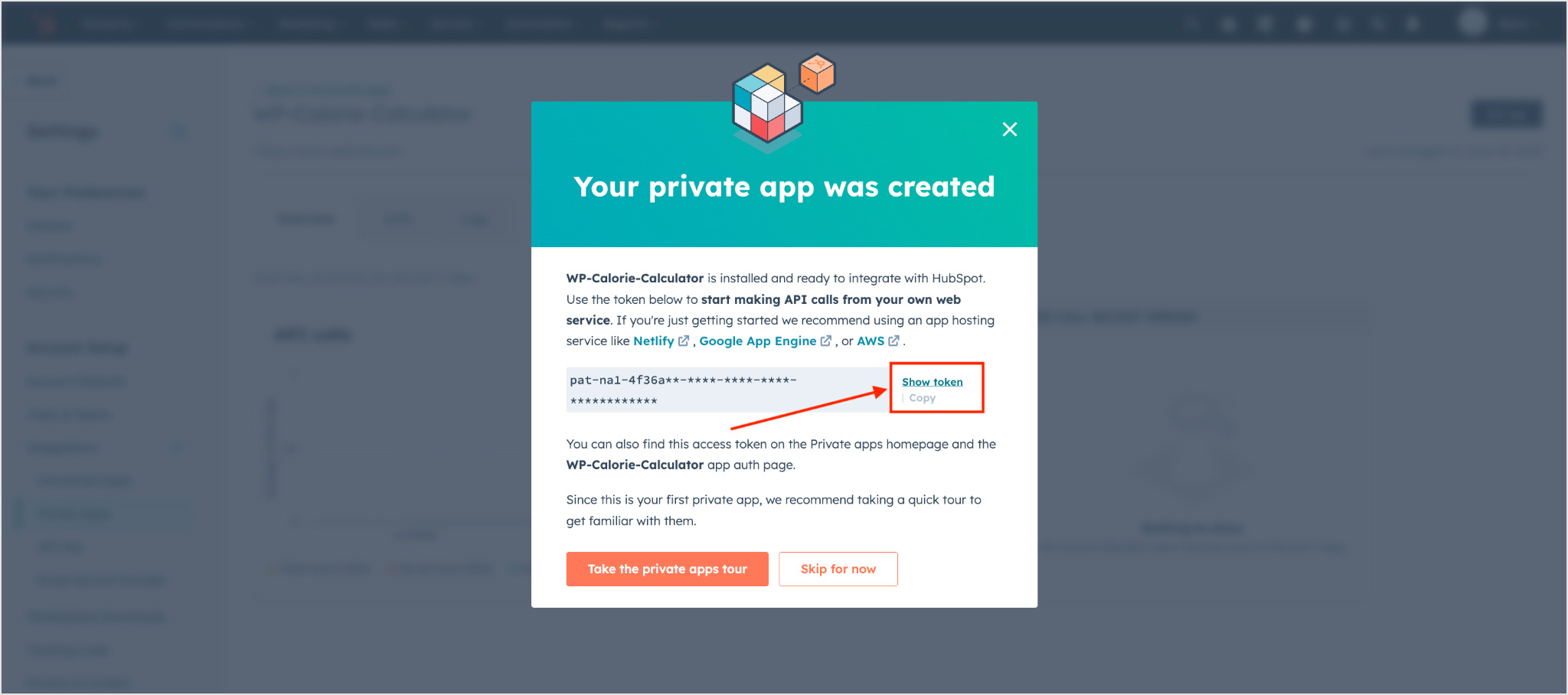 Click show token, then copy and paste the access token in the WP Calorie Calculator plugin settings in the integration section.