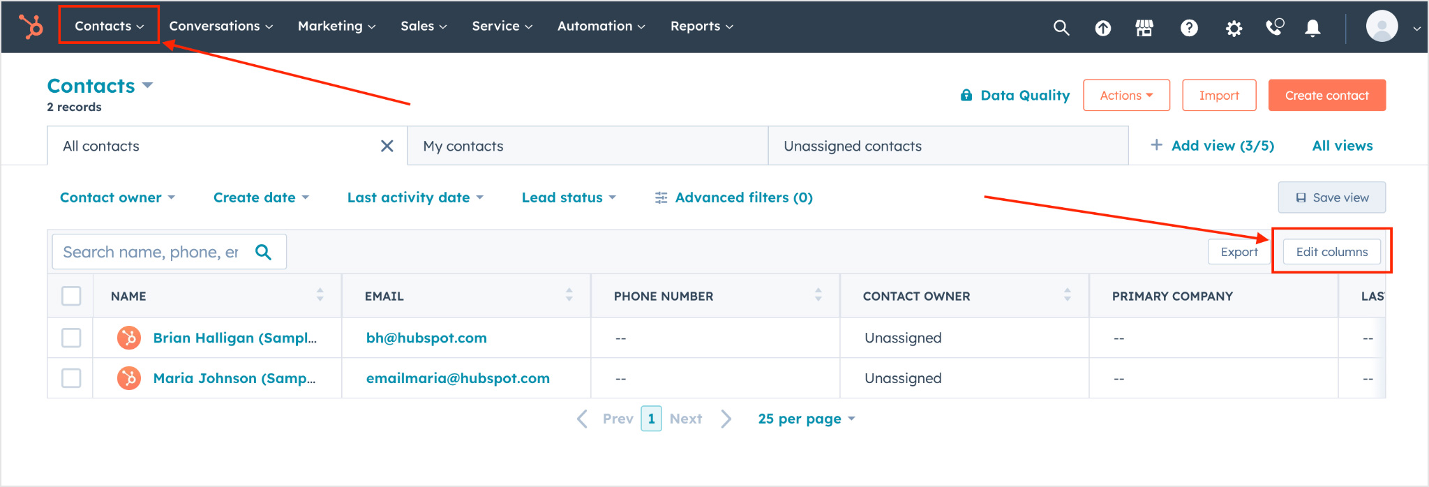 custom Field 1, custom Field 2, sex, and age fields are not preset in Hubspot and must be added using the UID listed next to the field name. To do this, go to the contacts section of your Hubspot account and click Edit columns in the contacts’ table.