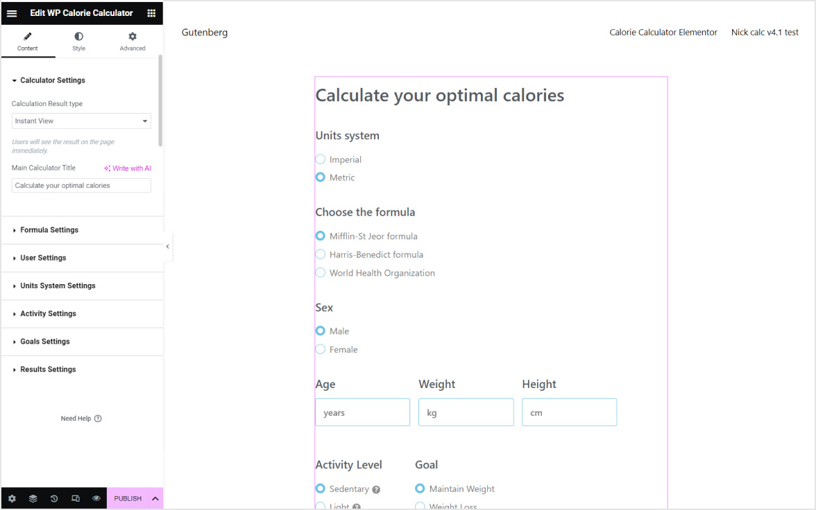 Once done, the calculator settings will appear in the left panel. From there, you can customize the calculator's appearance to align with the style of your website.