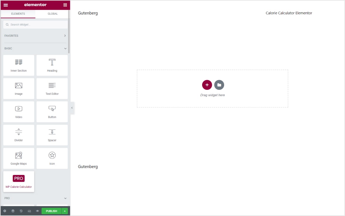 The Elementor editor will open. Select the WP Calorie Calculator widget.